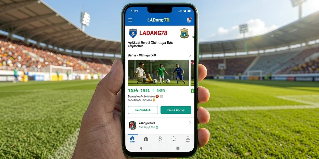 Antarmuka aplikasi LADANG78 yang menampilkan berita olahraga bola terkini.